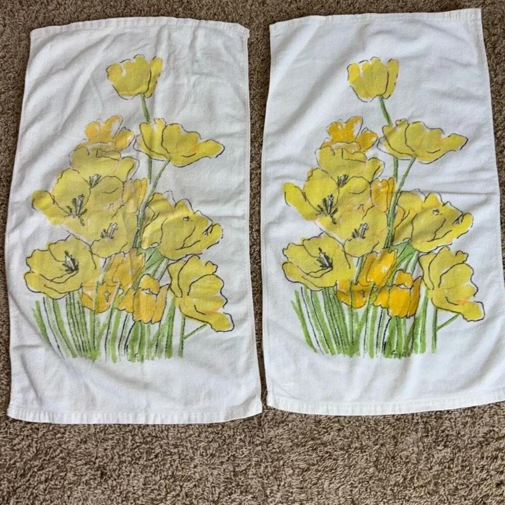 Set 4 Vera Neumann Burlington Yellow 1970s Bath& hand towels flower daffodil MCM